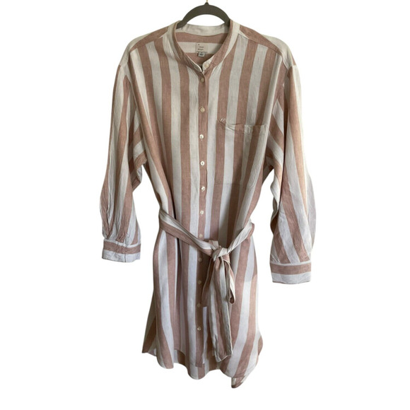 A New Day Beige White Striped Button Down Belted Dress Linen Rayon Women's Large - Picture 1 of 14